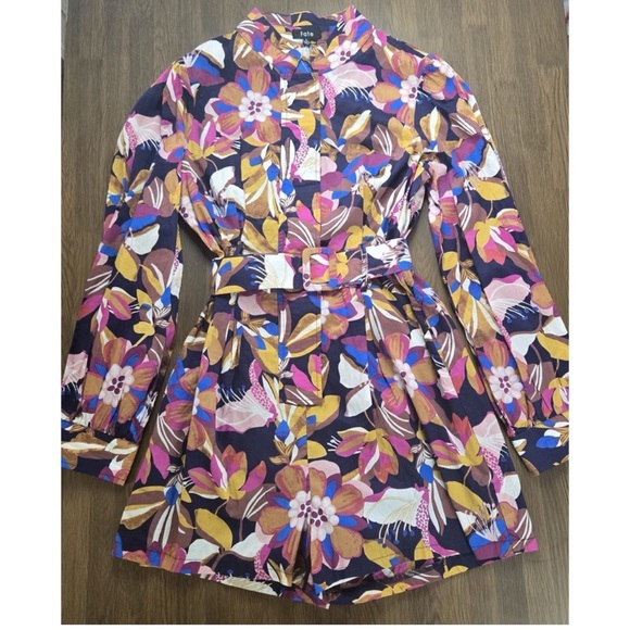 Fate Floral Long Sleeve Belted Romper - Retro Mod Print Playsuit - Size M - Picture 4 of 8